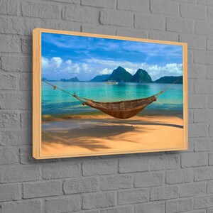 Aussicht auf Leinwand, 3D Kunst, Tropische Landschaft, Geschenk für Sie, Große Wandkunst, Hängematte Chill Kunst, Strandblick Leinwand Geschenk,