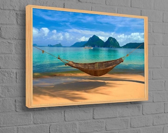 View Canvas Print, 3D Wall Art, Tropical Scenery, Gift for Her, Large Wall Art, Hammock Chill Art, Beach View Canvas Gift,