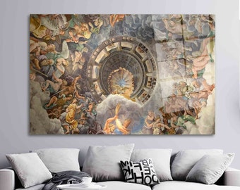 Decoración de pared con pintura de Giulio Romano, vidrio de mitología clásica, arte mural con vista al Olimpo, impresión de techo barroco, reproducción de fresco italiano