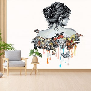 Arte de pared con dibujo de niña y mariposas, papel tapiz de mujer, impresión de pared de mujer abstracta, arte de pared de niña, papel tapiz de mariposa, póster de pared moderno,