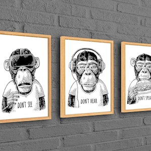 Arte en lienzo de los tres monos sabios, arte de pared de mono sabio, arte de pared "No ves, no oyes, no hablas", decoración de pared de animales.