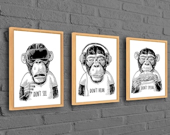 Three Wise Monkey Canvas Art, Wise Monkey Wall Art, Don&#39;t See Don&#39;t Hear Don&#39;t Speak Wall Art, Animal Wall Decor,