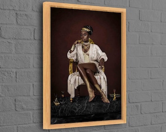 Black Queen on Throne, Abstract Canvas Art, African Woman Art, Shimmery Artwork, Luxury Artwork, Black Woman Art Canvas,