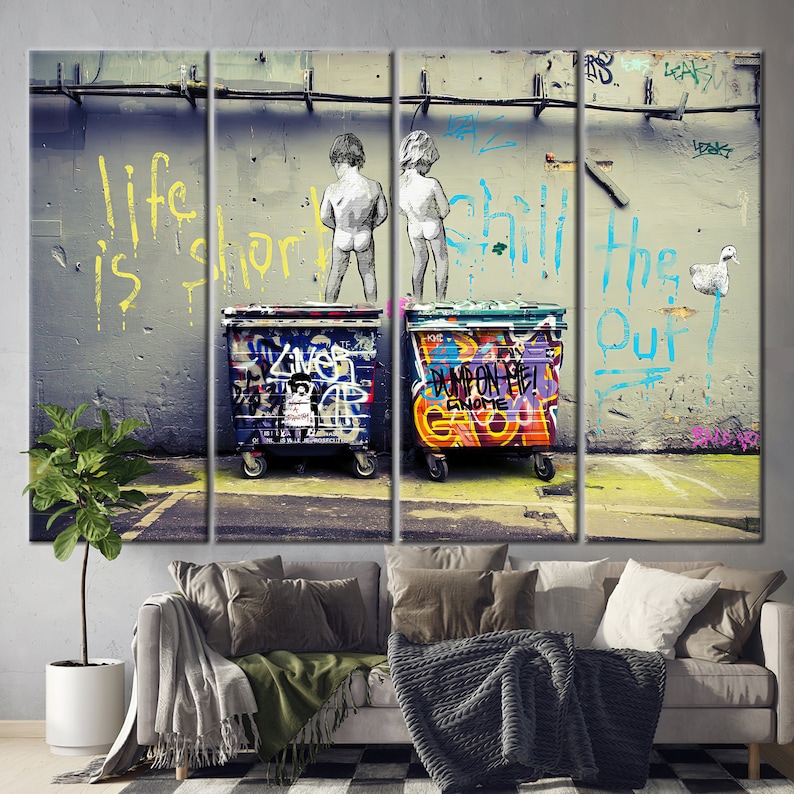 Banksy Life Is Short, Banksy Canvas, Banksy Two Boys, Wall Art Canvas, Street Art Print, Graffiti Painting, Urban Art, Graffiti Wall Decor, image 3