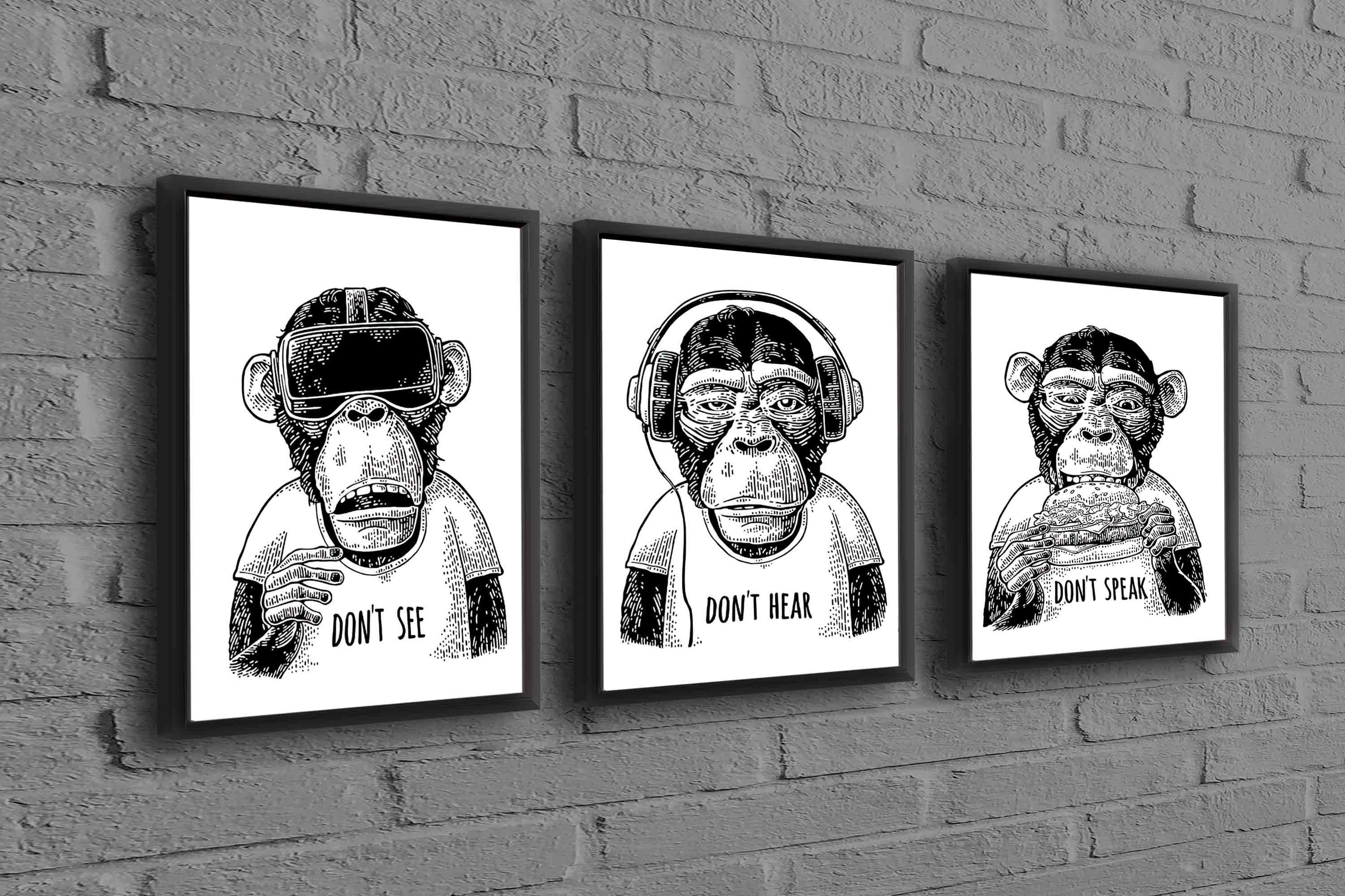 Three Wise Monkey Canvas Art, Wise Monkey Wall Art, Don't See Don