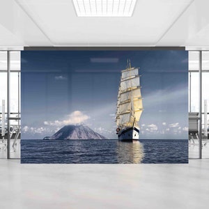 Póster de pared costero, papel digital de paisaje, manualidades de papel, arte de pared de regalo para amantes del mar, decoración de pared de barco de vela, papel de pared extraíble,