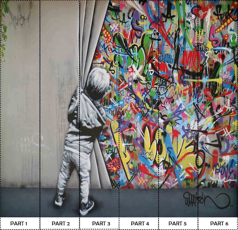 Kid Graffiti Mural, Behind the Curtain Wall Paper, Martin Watson Wall Decor, Banksy Boy Mural, Banksy Graffiti Wall Mural, image 7