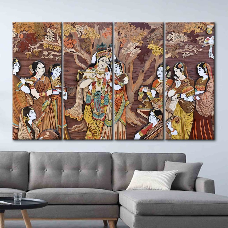 Arte de parede 3D, Arte de parede grande, Arte de parede para sala de estar, Deuses hindus Radha Krishna, Pôster de reprodução, Impressão em tela hinduísmo, Tela hindu imagem 4
