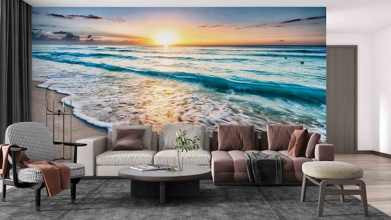 Sea View Wall Decals, Sea Digital Paper, Sunset at the Ocean Wall Decor, Gift Wallpaper, Landscape Wall Decor, Wall Mural Wallpaper, image 4