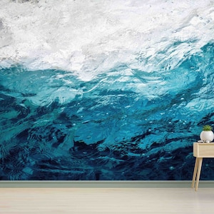 Arte murale con acqua oceanica, carta autoadesiva, carta da parati 3D, carta da parati con toni blu, poster da parete blu, murale con vista, carta da parati staccabile e attaccabile,