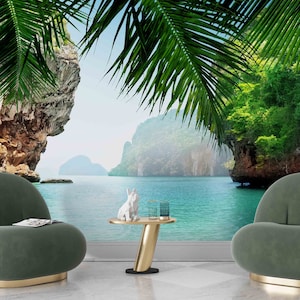 Druckbare Wandkunst, Tropischer Meerblick Wandbild, Landschaftstapete, Meereslandschaft Digital Papier, Thai Bay Papierkunst, Tapete Schüttgut,