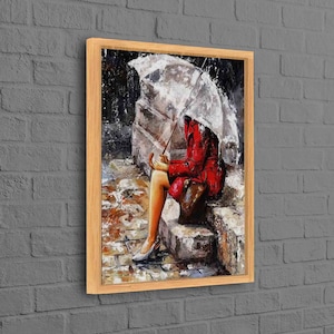 Woman Sitting In The Rain, Modern Wall Decor, Abstract Canvas Gift, Rainy Day Canvas, Woman With Umbrella Artwork, Abstract Woman Canvas,