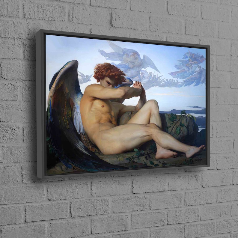 May include: A painting of a fallen angel with large, dark wings. The angel is sitting on a rock with a sorrowful expression on their face. The background is a cloudy sky with other angels flying away.