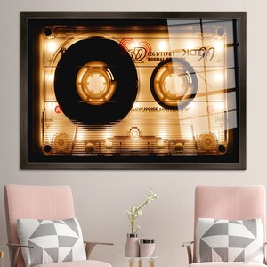 Tempered Glass, Abstract Glass Art, Canvas Glass Art, Wall Art, Shining Audio Cassette Glass, Shining Audio Cassette, Modern Wall Art, Brown Framed