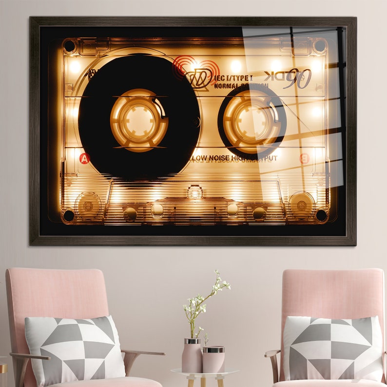 Tempered Glass, Abstract Glass Art, Canvas Glass Art, Wall Art, Shining Audio Cassette Glass, Shining Audio Cassette, Modern Wall Art, Brown Framed