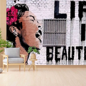Banksy donna dipinto murale, carta da parati Banksy, murale astratto, stampa murale dipinta, arte murale astratta donna, stampa murale graffiti donna,