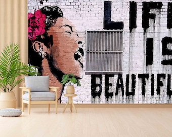 Banksy Woman Wall Painting, Banksy Wall Paper, Abstract Mural, Painting Wall Print, Abstract Woman Wall Art, Woman Graffiti Wall Print,