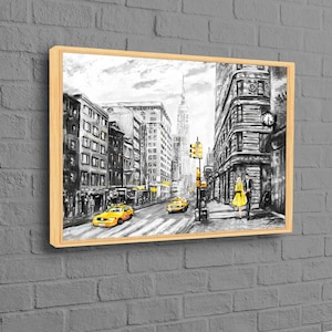 ニューヨークの黒と黄色の絵画、ロマンチックなカップルの絵画、ニューヨークのストリート絵画、都市景観の壁画、ニューヨークの風景、抽象芸術