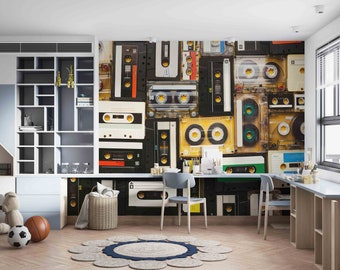 Old Cassette Wall Decor, Retro Audio Cassette Wall Painting, Cassette Mural, Vintage Cassette Wall Art, Tapes Mural, Nostalgic Mural,