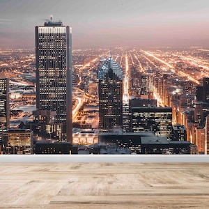 Vista notturna del murale di Chicago, carta digitale View, adesivi murali luci della città di Chicago, carta da parati paesaggio urbano, parete decorativa, arte del paesaggio