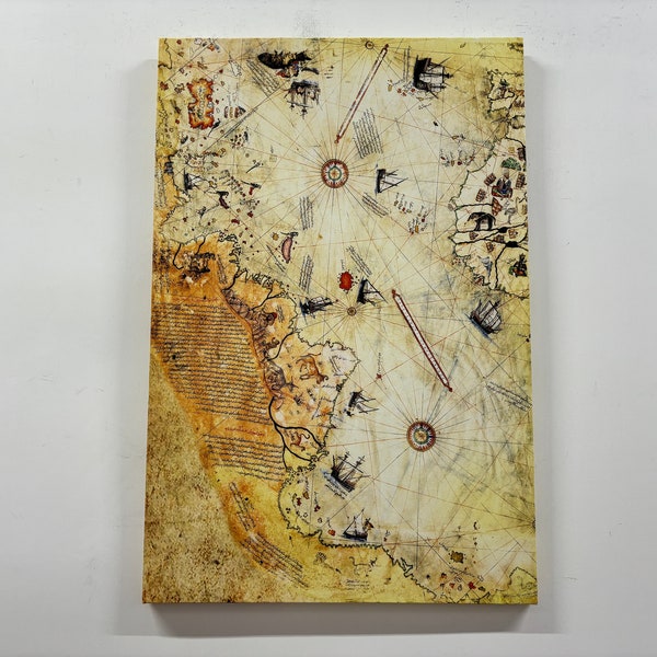 Carte de Piri Reis, art de toile de carte antique, affiche de carte, art de carte vintage, art de Piri Reis, œuvre d’art tendance, art de toile de carte du monde,