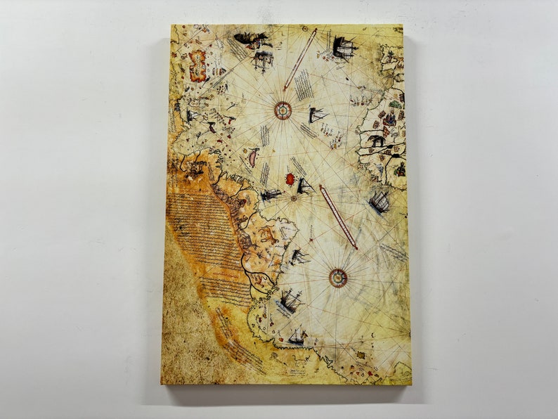 May include: An antique nautical map with a faded, yellowed background. The map features a compass rose, lines of longitude and latitude, and several ships drawn in red and black ink.