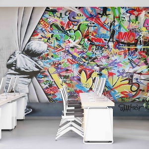 Kid Graffiti Mural, Behind the Curtain Wall Paper, Martin Watson Wall Decor, Banksy Boy Mural, Banksy Graffiti Wall Mural, image 4