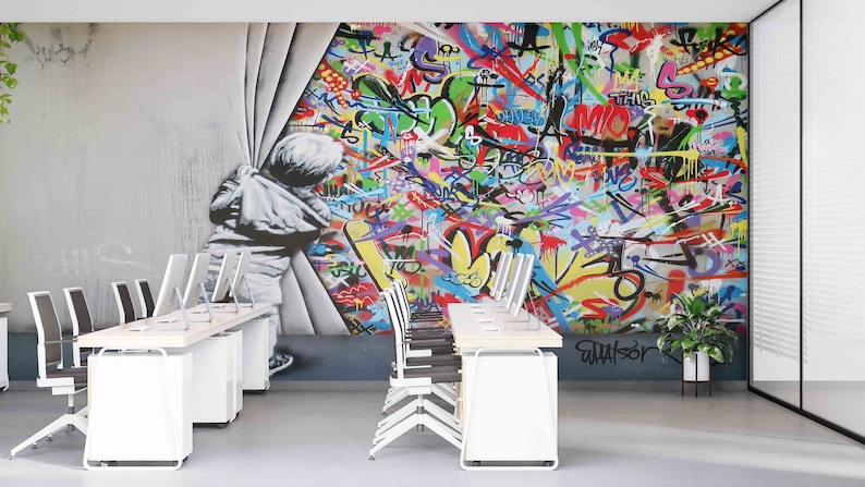 Kid Graffiti Mural, Behind the Curtain Wall Paper, Martin Watson Wall Decor, Banksy Boy Mural, Banksy Graffiti Wall Mural, image 4