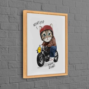 Obra de arte de animales, arte en lienzo de gato lindo, póster moderno, lienzo abstracto de animales, decoración de pared de gato montando motocicleta, lienzo de regalo para amantes de los gatos