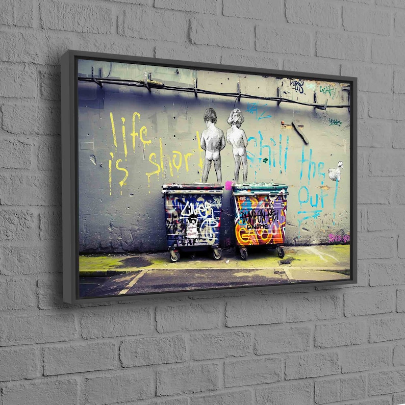 May include: A street art image with two figures in a graffiti alley. The figures are standing in front of two large metal garbage bins. The graffiti on the wall reads "Life is short chill the f*** out".
