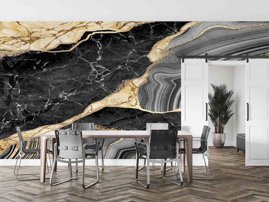 Black and Gold Marble Modern Wall Print Vlack Amrble Mural - Etsy