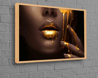 Gold Lip Frau Leinwand, Afrikanische Frau Gold Lippe, große Leinwand, benutzerdefinierte Leinwand, 3D Wandkunst, Goldlippe gedruckt, moderne Wandkunst,