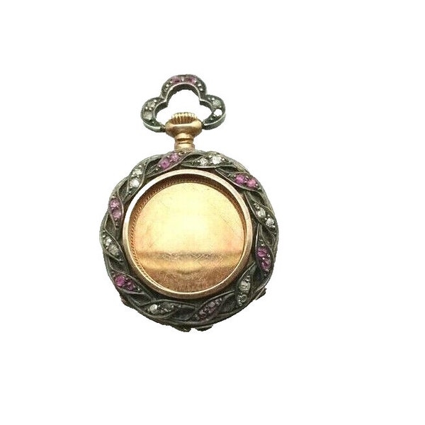 Pendentif vintage début 19ème siècle avec montre au dos en or 18k et argent , diamants