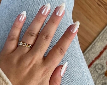 Pearl Chrome French Tip Press On Nails: Hand Painted Bridal Set