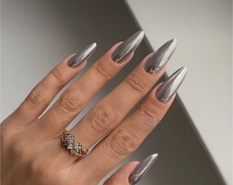 Silver Metallic Chrome Press On Nails | Metallic nails | stick on set of 10 false nails