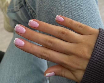 Press On Nails Pink & White French Tips Short Square - 10pc Set Salon Quality
