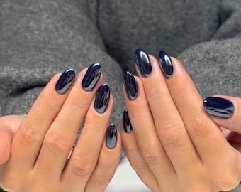 Navy Blue Ice Chrome Gel Press On Nails | Long Almond False Nails