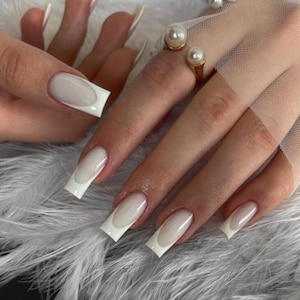 Milky White French Tip Press On Nails| stick on set of 10 false nails