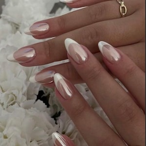 Pearl chrome french tip nails | Hand Painted Press on Nails | stick on set of 10 false nails