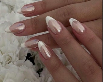 Pearl chrome french tip nails | Hand Painted Press on Nails | stick on set of 10 false nails