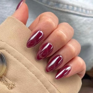 Burgundy Chrome Press On Nails | Short Almond Shape Handmade