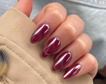 Burgundy Chrome Press On Nails | Short Almond Shape Handmade
