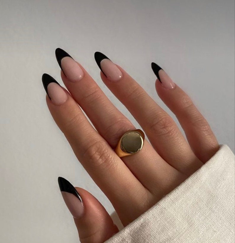 Black French Tip Press on Nails Black French False Nails Etsy