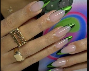 Green Chrome Press On Nails | Metallic nails | stick on set of 10 false nails