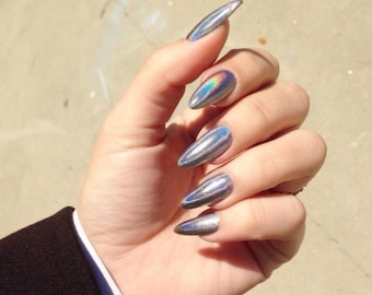 Silver Holographic Chrome Press On Nails – Set of 10 Salon Quality