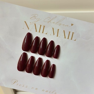 Burgundy Press On Nails: Cherry Red False Nails, Long Almond & Short Square