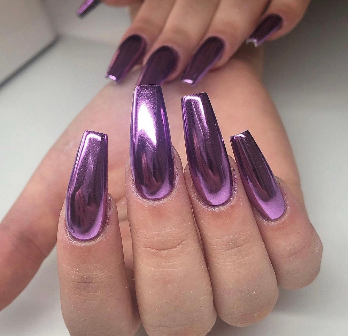 Purple Chrome Press on Nails Stick on Set of 10 False Nails 