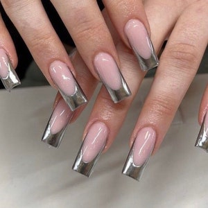 Silver mirror Chrome French Tip Press On Nails |set of 10 stick on nails