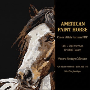 Korsstygnsmönster i PDF-format med amerikansk målarhäst | Western Heritage-porträtt | Svart Aida Advanced Ranch-dekor