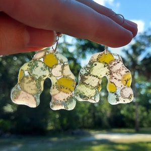 Könnte beinhalten: Ein Paar Resin-Ohrringe mit einer einzigartigen, abstrakten Form. Die Ohrringe sind durchscheinend und haben eine Mischung aus gelben, grünen und rosa Farben mit einem glitzernden Finish.